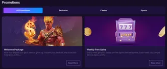 SpinBet promotions screen featuring Welcome Package with bonus and free spins, and Weekly Free Spins offer with slot machine illustration